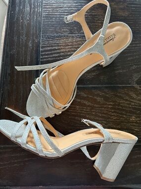 Badgley Mischka Silver Glitter Strappy Block Heels